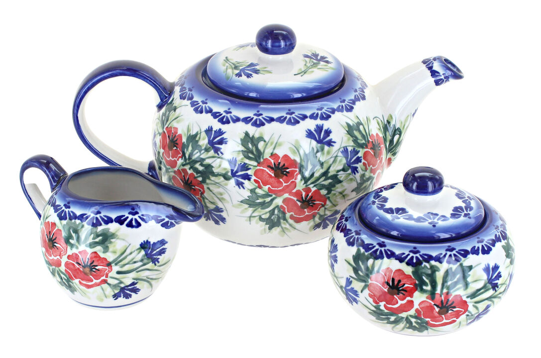 Blue Rose Polish Pottery Roses Are Red 3 Piece Tea Set