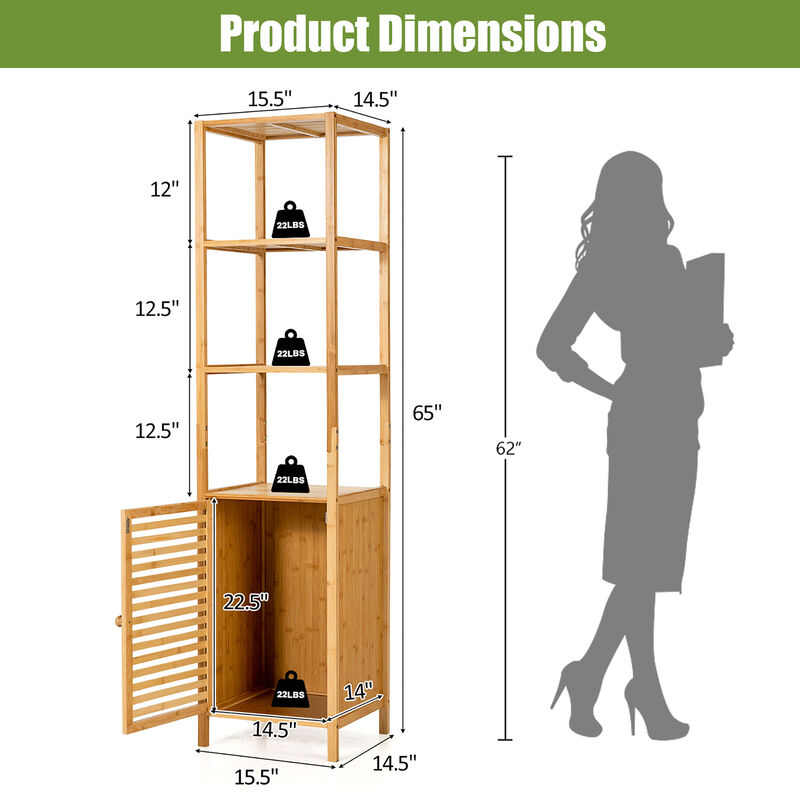 Costway 4 Tiers Bamboo Bathroom Storage Floor Cabinet Tower Corner Rack w/ Louvered Door