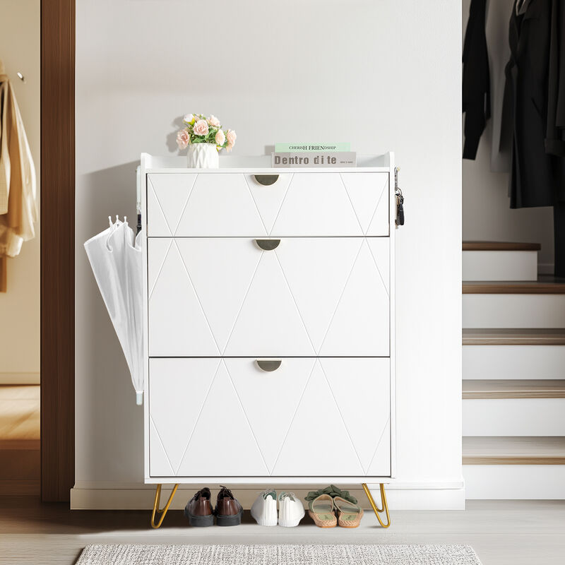 Elegant Entryway Shoe Cabinet, V-Carved Doors with 2 Drawers & Flip-Top Storage