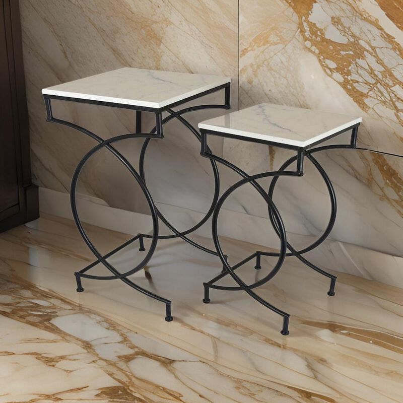 Set of 2 Plant Stand Tables, Square Marble Top, Geometric, Black Metal - Benzara