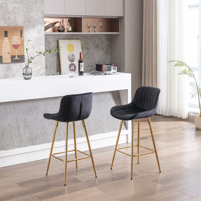 Set of 2 Bar Stools, with Chrome Footrest Velvet Fabric Counter Stool Golden Leg Simple Bar Stool