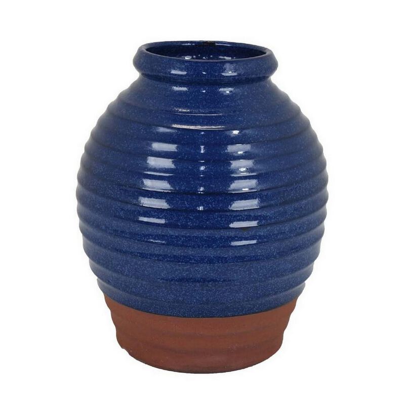 Kohl 15 Inch Decorative Vase, Pot Shape, Ceramic, Blue and Brown Finish - Benzara
