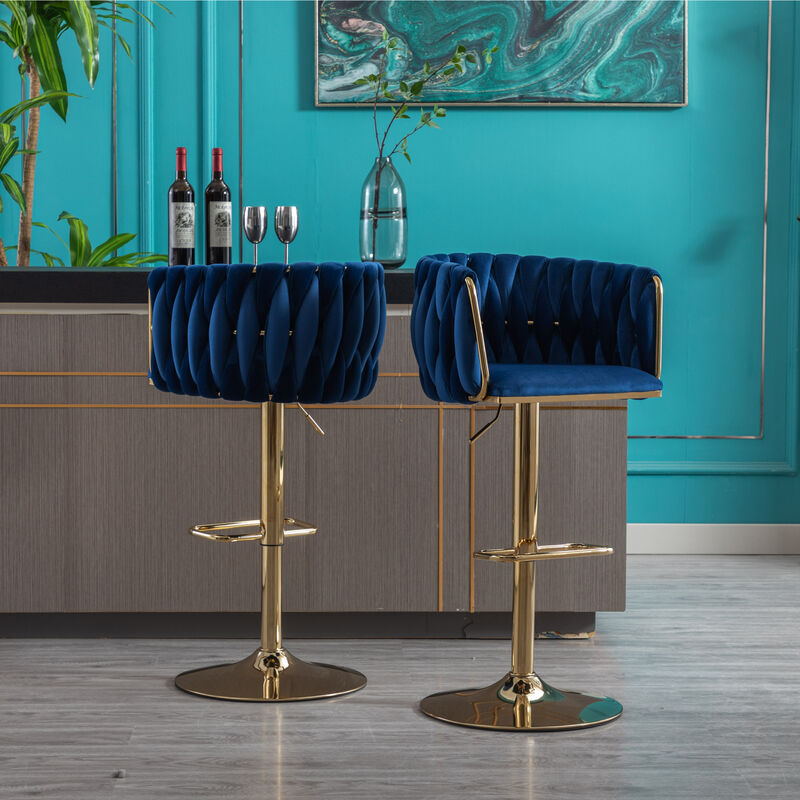 Set of 2 Bar Stools, with Chrome Footrest and Base Swivel Height Adjustable Mechanical Lifting Velvet + Golden Leg Simple Bar Stool-Navy