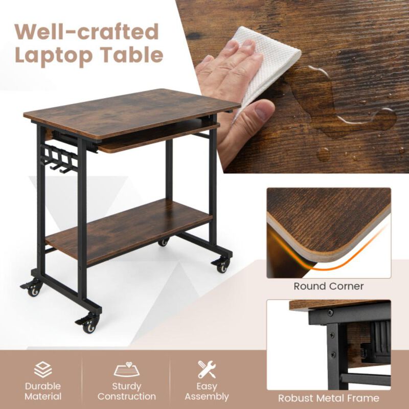 Hivvago Rolling Laptop Table with Pull-out Keyboard Tray and Hooks-Rustic Brown
