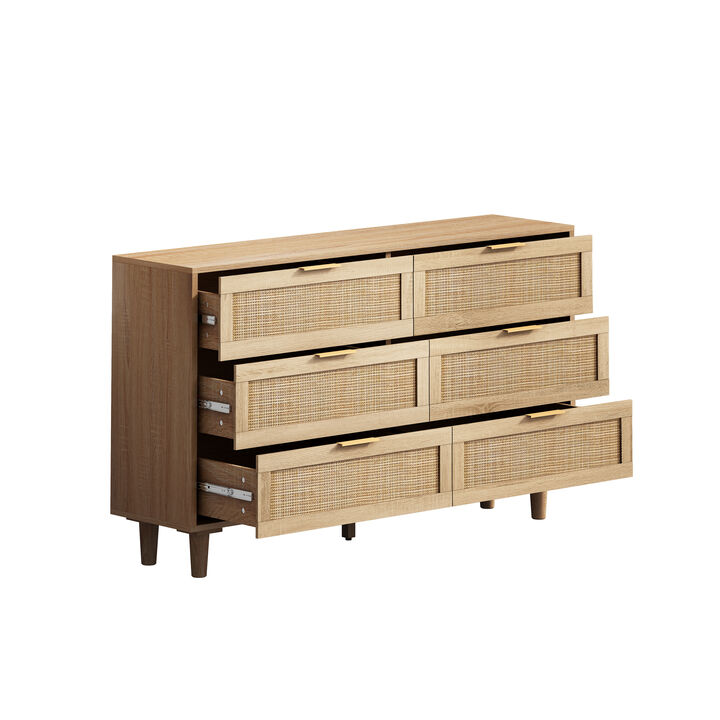 59.06"6-Drawers Rattan Storage Cabinet Rattan Drawer, For Bedroom, Living Room, Natural