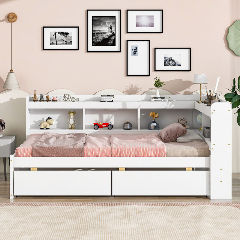 Bed with L-shaped Bookcases, Drawers