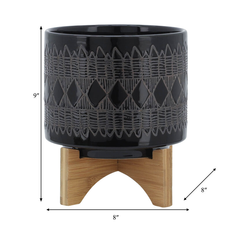 Ceramic 8" Aztec Planter On Wooden Stand