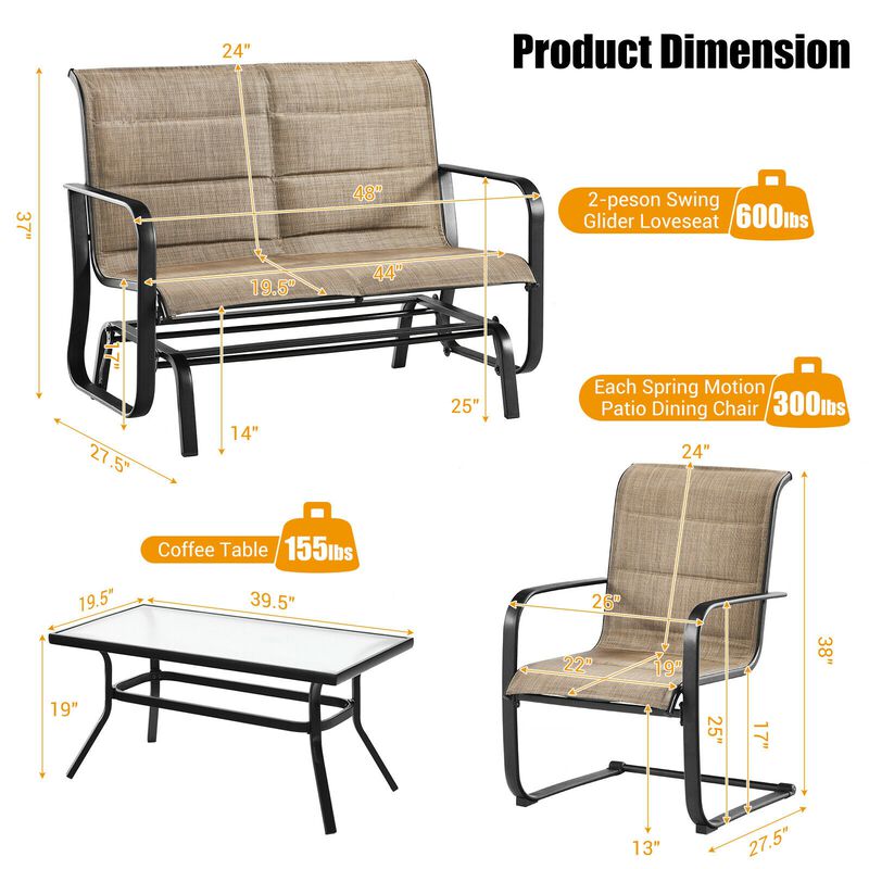 4 Pieces Outdoor Patio Conversation Sets with Padded Glider Loveseat and Coffee Table