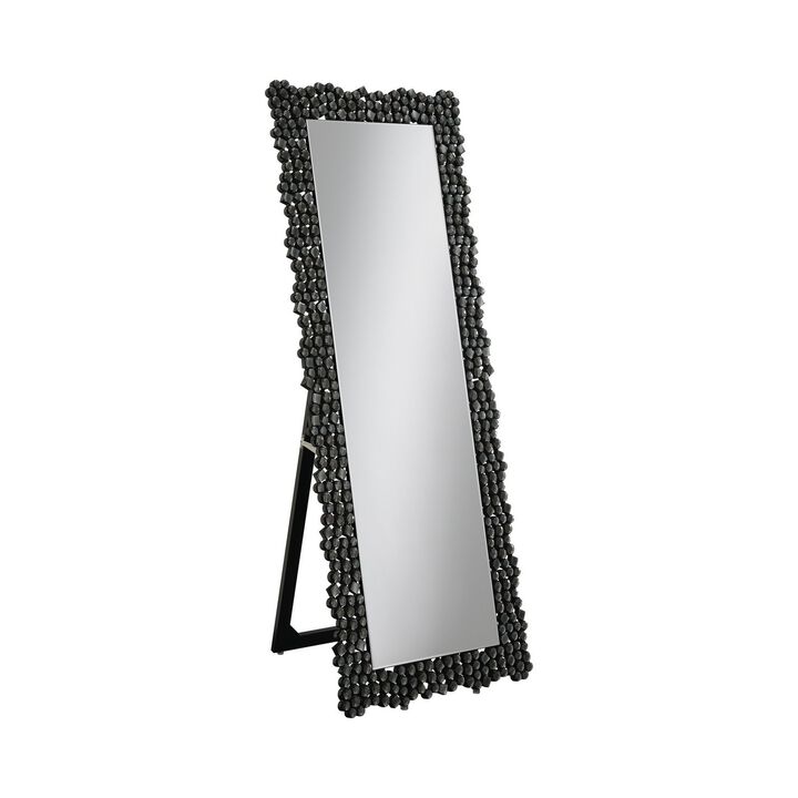 63 Inch Classic Portrait Floor Mirror, Rhinestone Inlay, Cheval, Black-Benzara