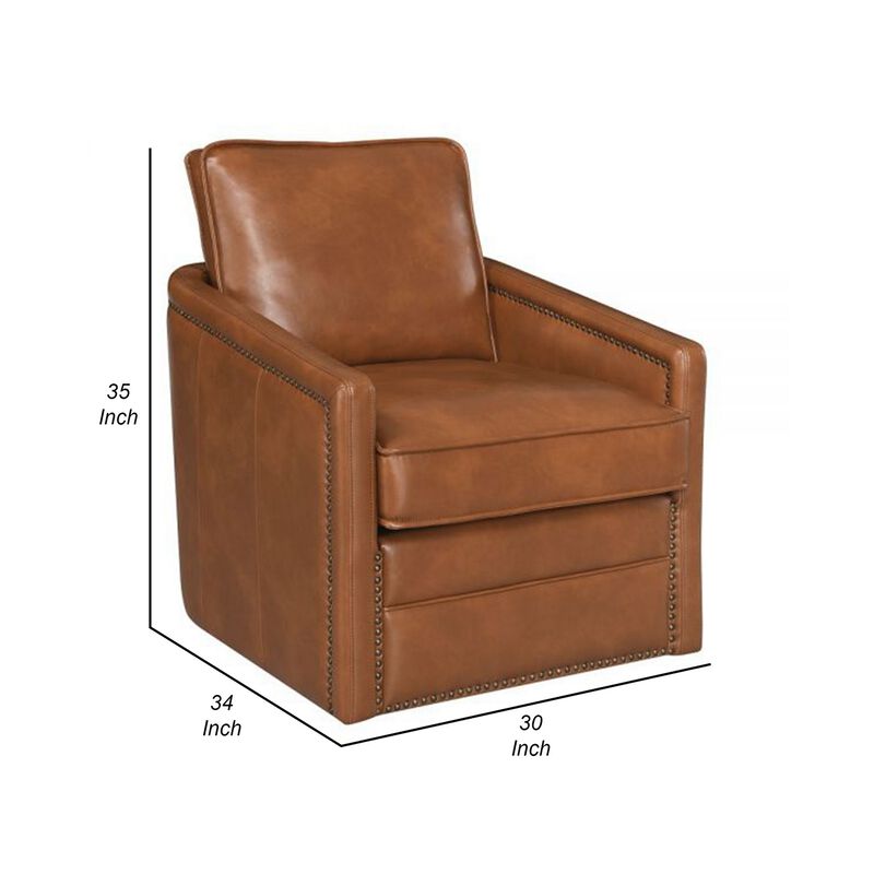 Roco 34 Inch Accent Chair with Swivel, Faux Leather Upholstery, Brown  - Benzara