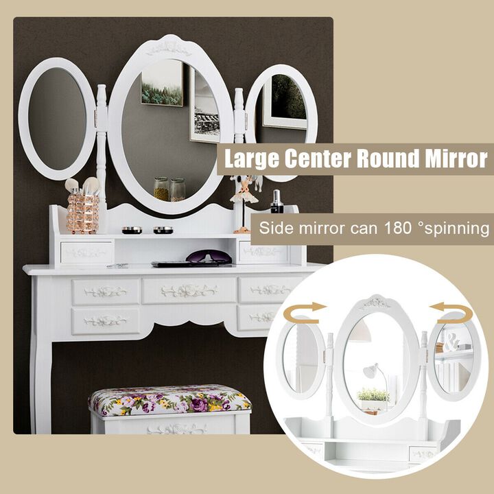 7 Drawer Tri-Folding Mirror Dressing Vanity Makeup Set
