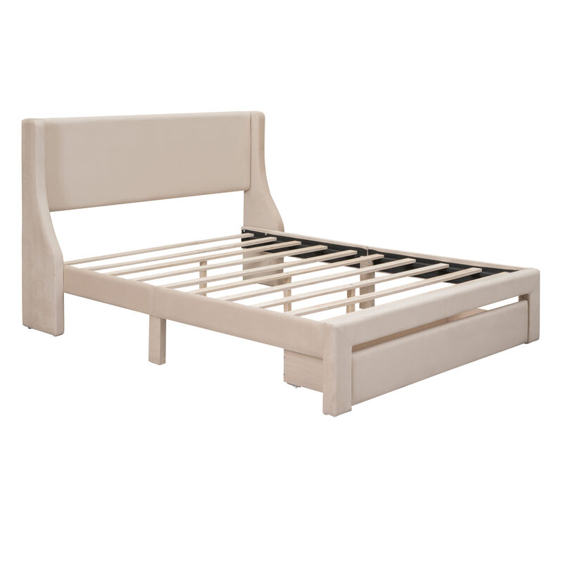 Queen Size Storage Bed Velvet Upholstered Platform Bed with a Big Drawer