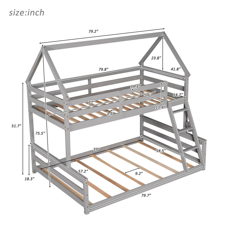Twin Over Full House Bunk Bed with Built-in Ladder