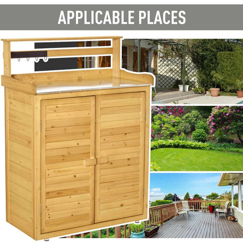 Yellow Garden Station: 34.25"L Wooden Potting Bench with Storage