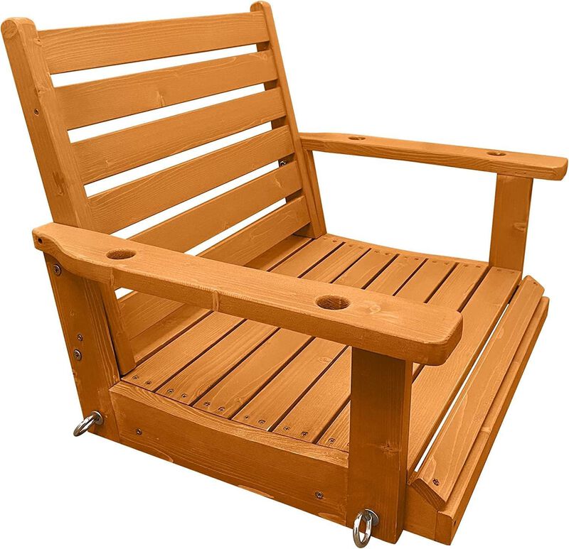 Solid Wood Porch Single Swing, Ergonomic Seat, Bench Swing with Hanging Chains and 7mm Springs, Heavy Duty 600 LBS, for Outdoor Patio Garden Yard ( 1-Seater)