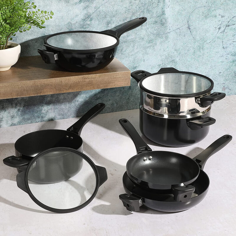 Kenmore Elite Grayson 9 Piece Nonstick Aluminum Stackable Cookware Set in Black