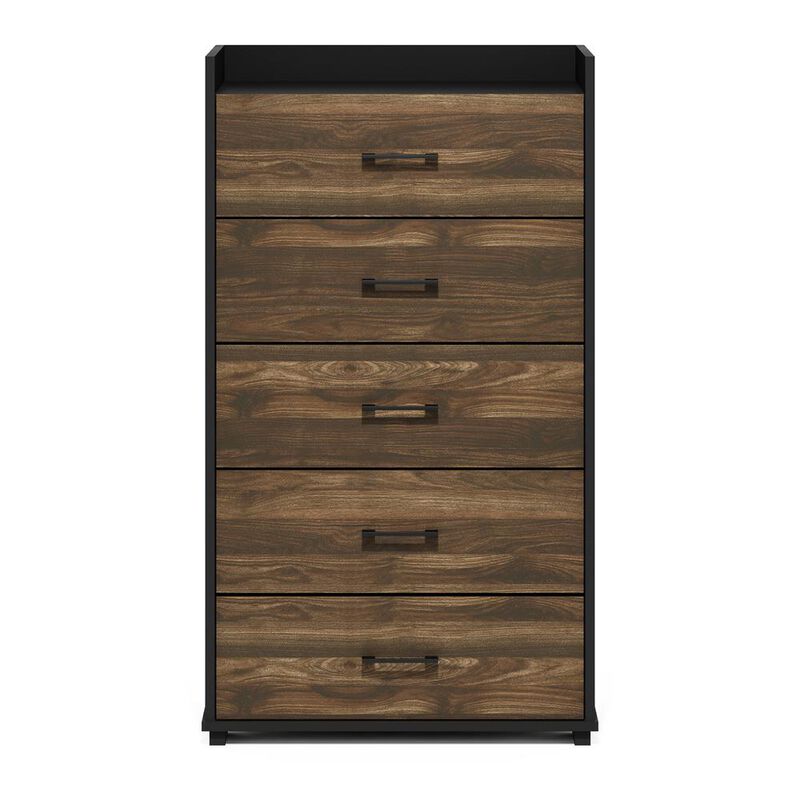 Furinno Tidur Modern Organization and Storage Handle Bedroom 5-Drawer Chest Dresser, Columbia Walnut/Black