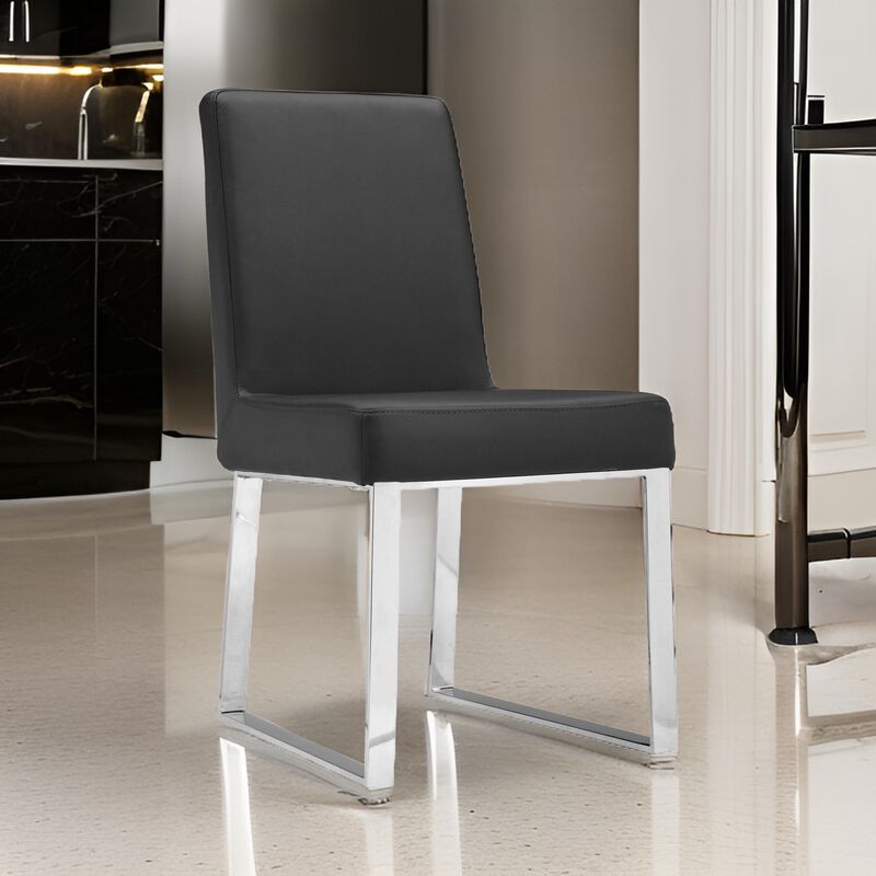 Ien 25 Inch Dining Chair Set of 2, Armless, Black Faux Leather, Chrome - Benzara