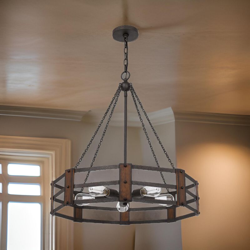 Chandelier with Octagonal Cage Design Metal Frame and Wood Accents, Brown - Benzara