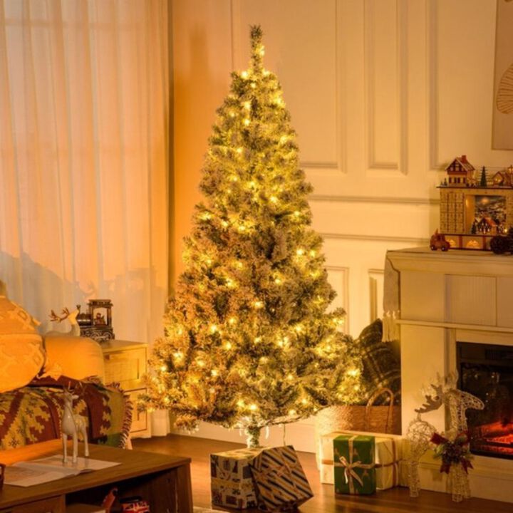 Snow-Frosted Christmas Trees with Warm White LED Lights for Festive Holiday Décor