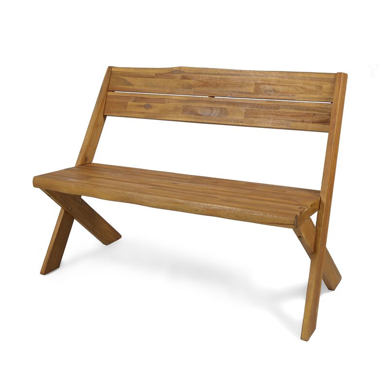 Outdoor Accent Bench, 48 Inch Classic Cross Design, Brown Acacia Wood -Benzara