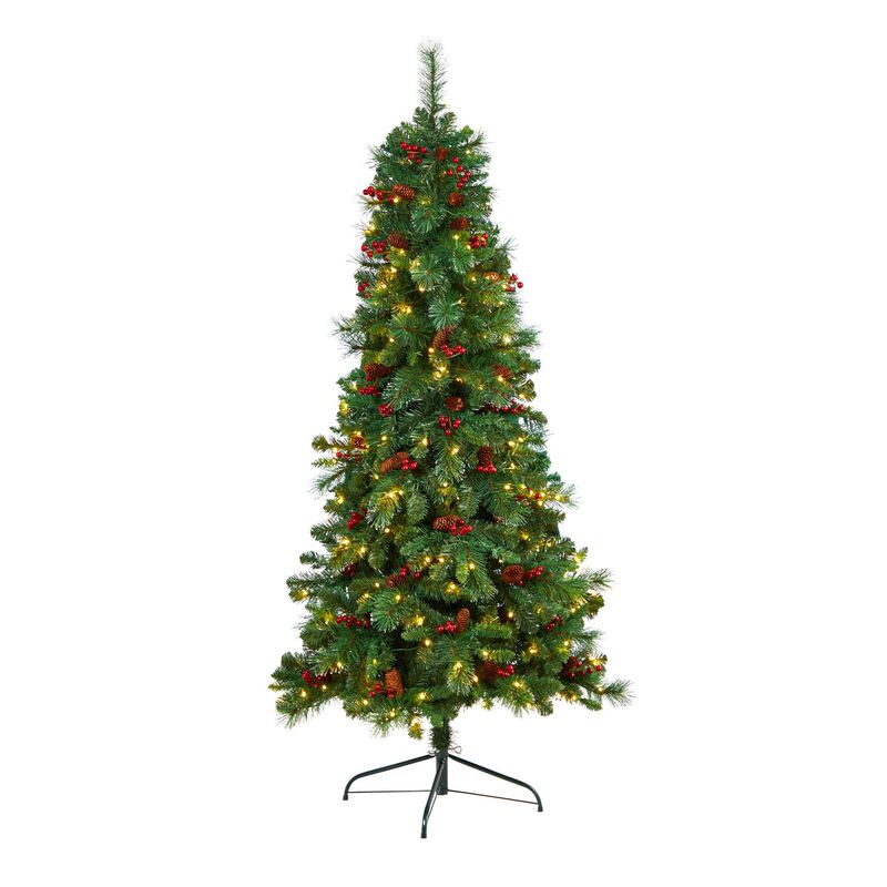 Nearly Natural Flat Back Montreal Mountain Pine Artificial Christmas Tree with Pinecones, Berries and 80 Warm White LED Lights and Bendable Branches