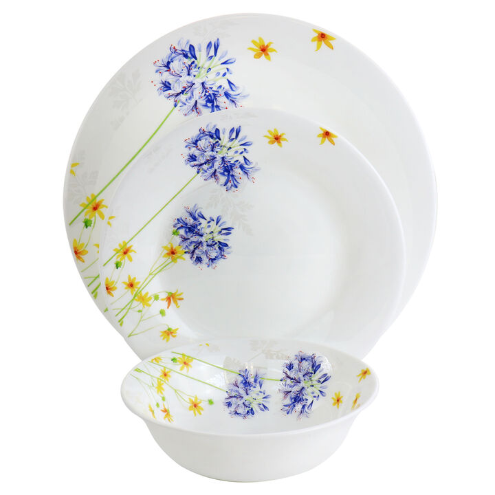 Gibson Ultra Violet Floral 12 Piece Tempered Opal Glass Dinnerware Set