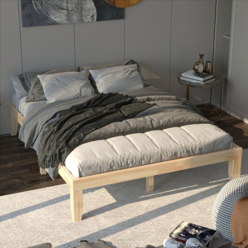 Hivvago 14 Inch Queen Size Rubber Wood Platform Bed Frame with Wood Slat Support