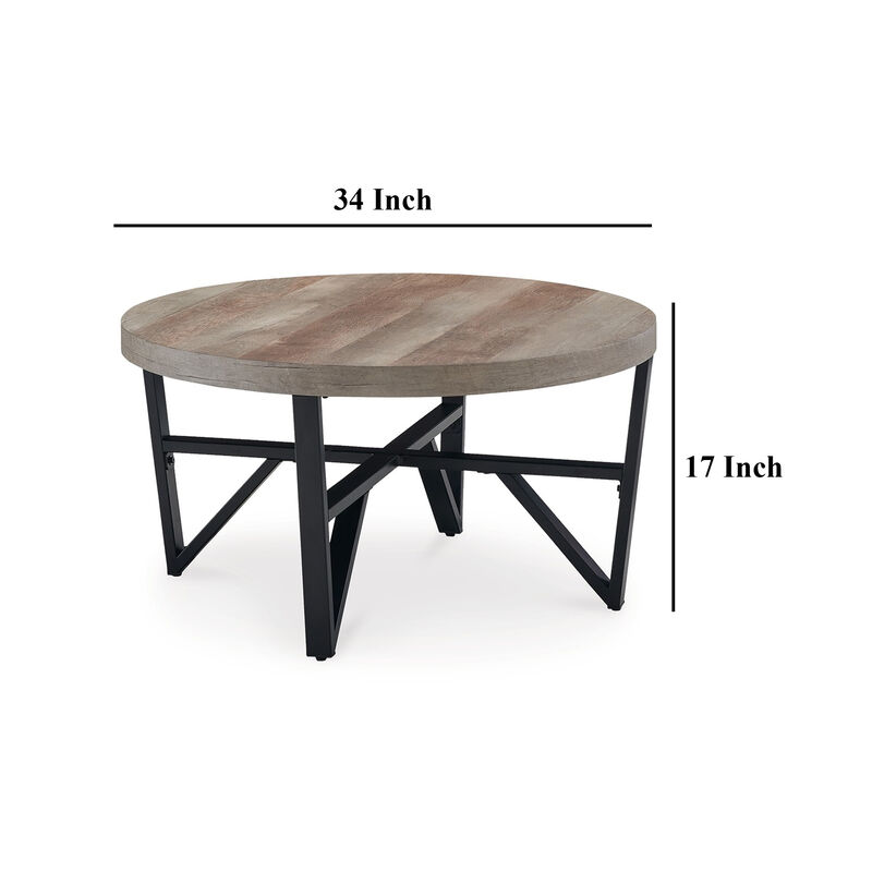 Hya 3pc Coffee and End Table Set, Brown Wood Round Top, Black Angular - Benzara
