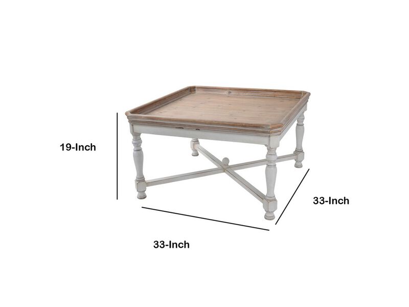 Square Shaped Wooden Coffee Table With Beveled Edges, Brown & Gray-Benzara