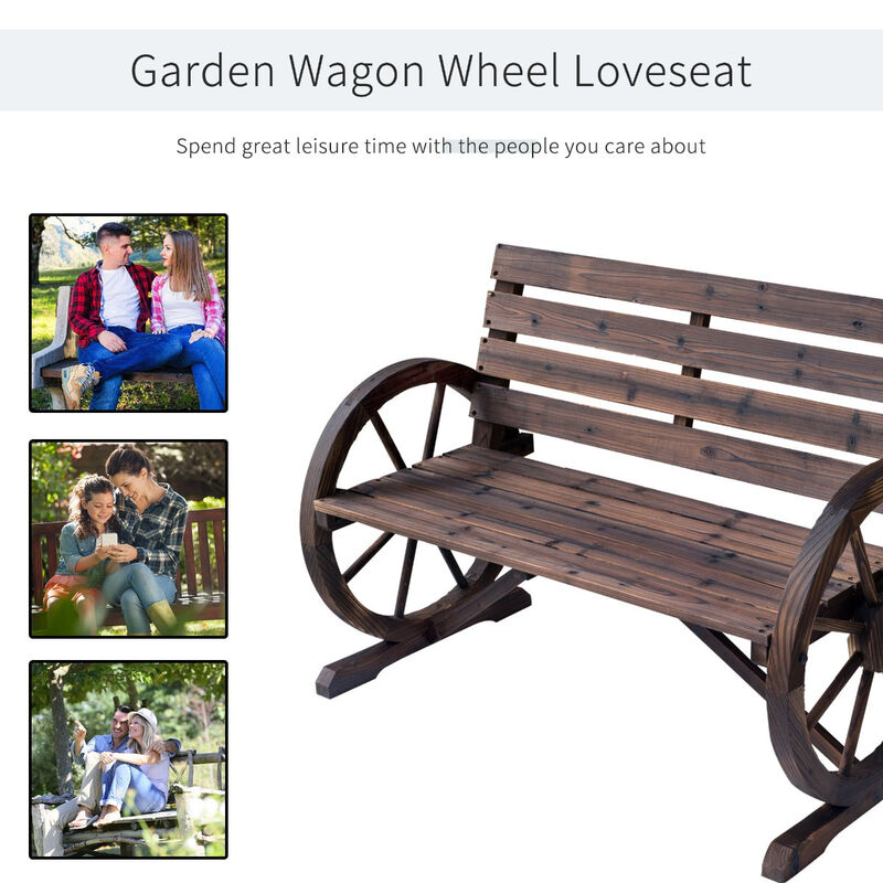 Rustic Outdoor Seating: 2-Person Carbonized Wagon Wheel Bench with Backrest