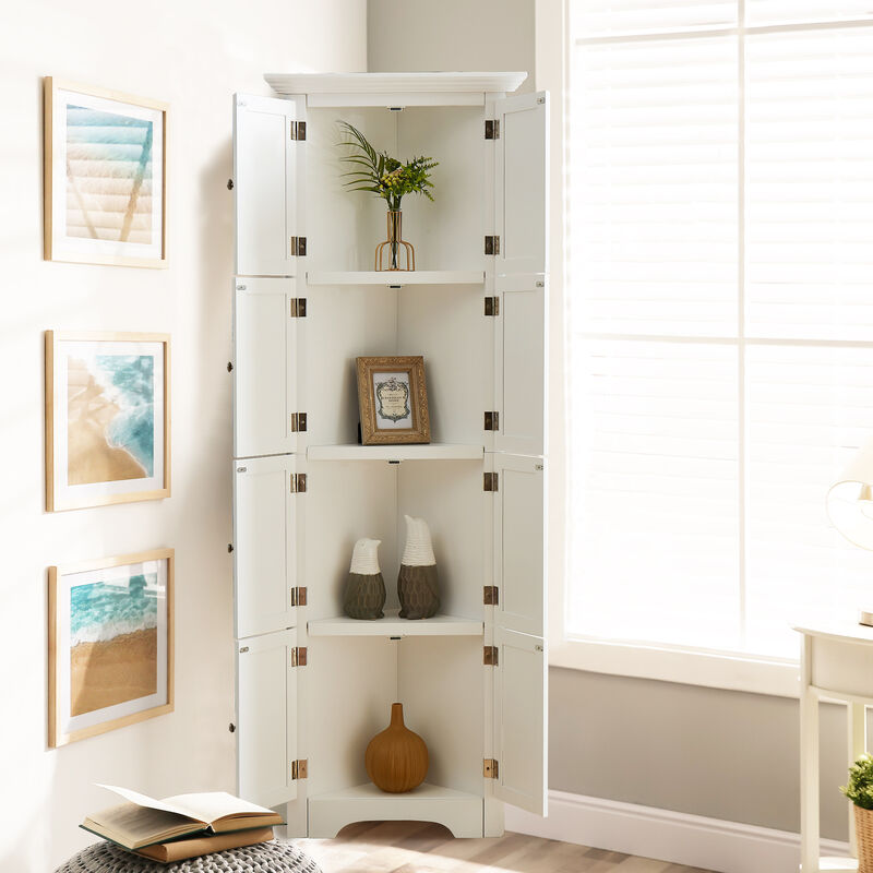 Modern White Tall Storage Cabinet with Doors and 4 Shelves