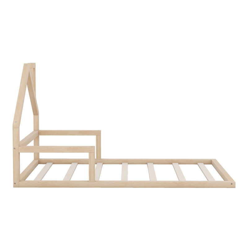Merax Wood Floor Bed with House-shaped Headboard