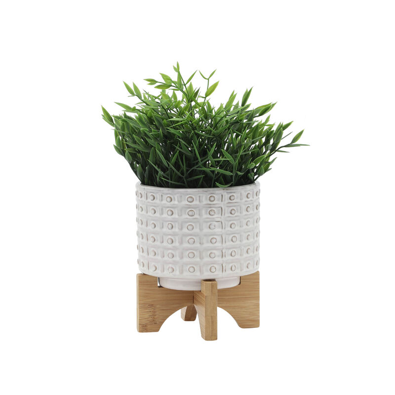 Ceramic 5" Dotted Planter with Wood Stand, Ivory