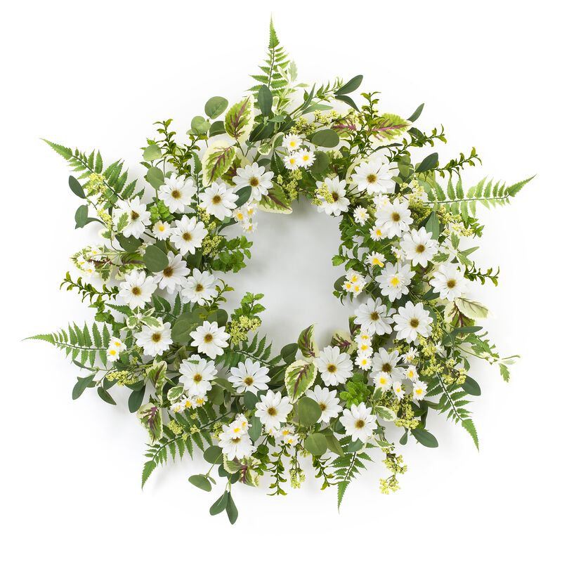 Mixed Foliage and Daisy Wreath for Bright Spring or Summer Home Décor