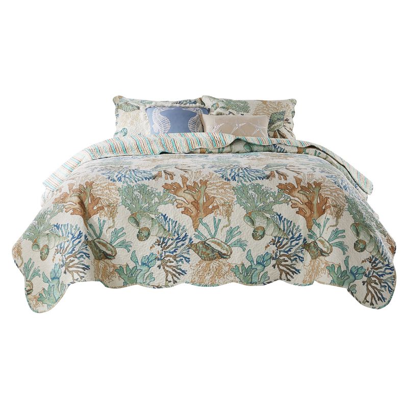 Wade 3pc Full/Queen Quilt Set with Sham, Jade Blue Coastal Microfiber
