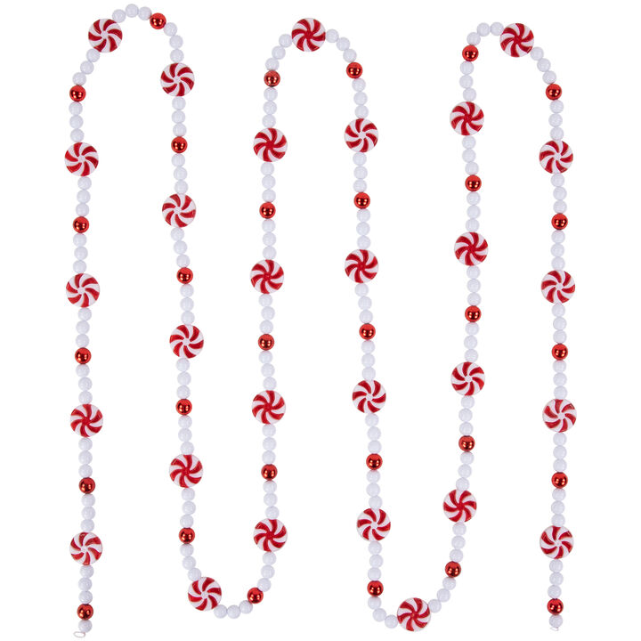 9' Red and White Peppermint Candy Beaded Christmas Garland  Unlit