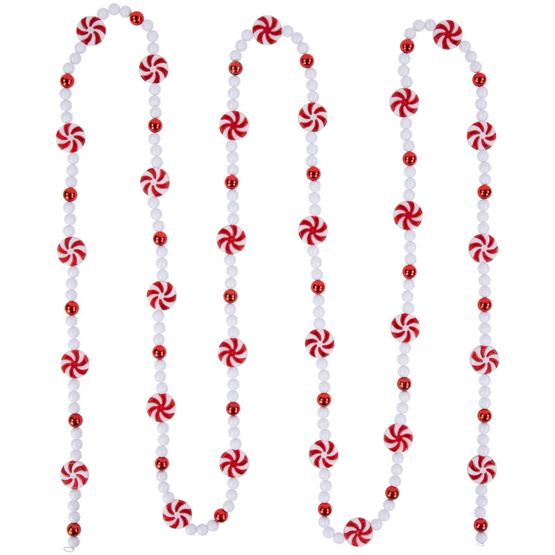 9' Red and White Peppermint Candy Beaded Christmas Garland  Unlit