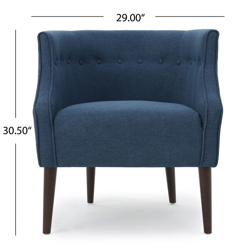 Accent Club Chair, Curved Barrel Back, Button Tufted, Navy Blue Fabric - Benzara