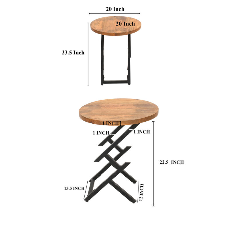 23 Inch Side End Table, Natural Brown Round Wood Top, Modern Black Angled Iron Legs - Benzara