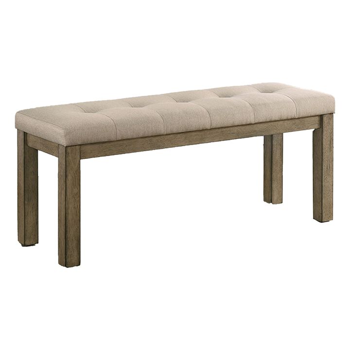 Alfa 48 Inch Farmhouse Bench, Beige Fabric, Tufted Seating, Brown Wood-Benzara