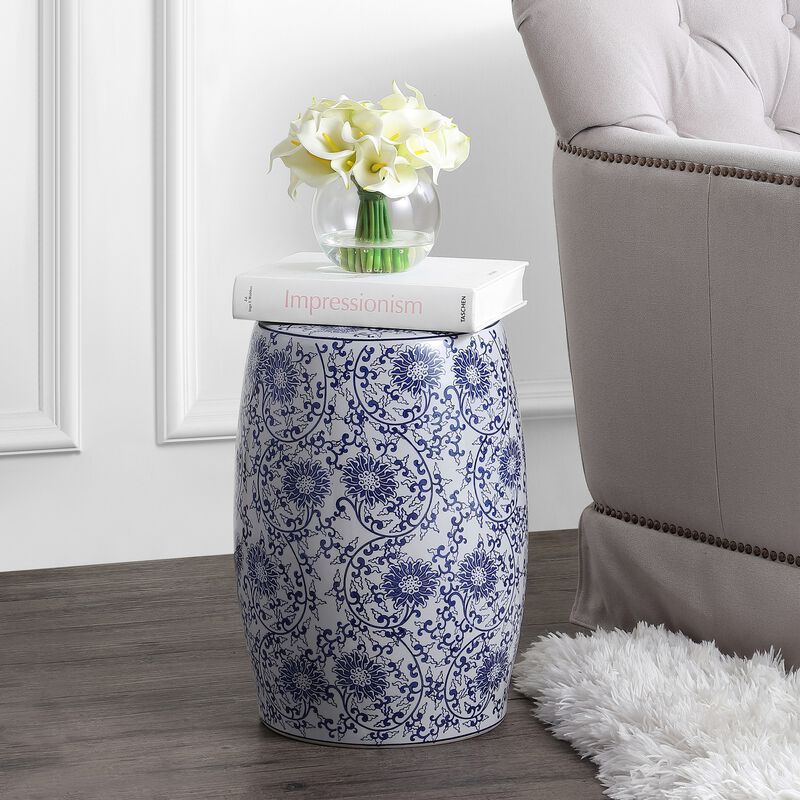 Lotus Blossom Chinoiserie Ceramic Drum Garden Stool