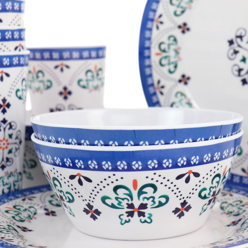 Gibson Everyday Alhambra Blues 12 Piece Melamine Dinnerware Set in Blue and White