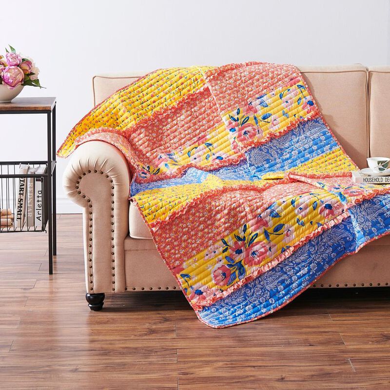 Greenland Home Skylar Ruffle-Embellished Throw Quilt and Pillow Sham Set - 50x60", Calico