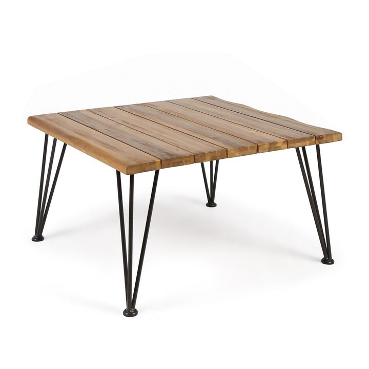 Zoe Outdoor Coffee Table, Hairpin Legs, 33in Brown Slatted Acacia Wood - Benzara
