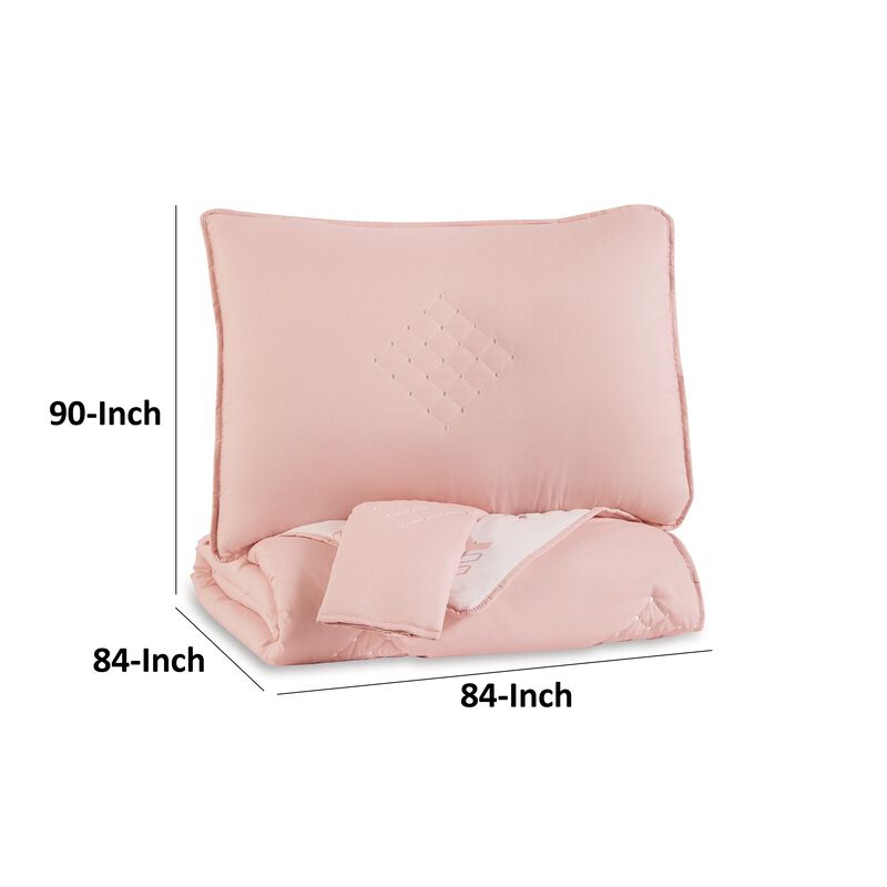 Maxie Full Size Comforter Set with Sham, Pink, White, Polyester, Polyfill - Benzara