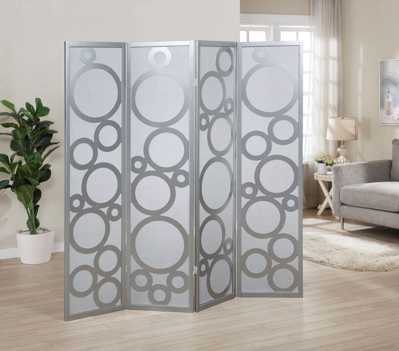 Streamdale 4-Panel Wood Room Divider with Circle Pattern, Silver