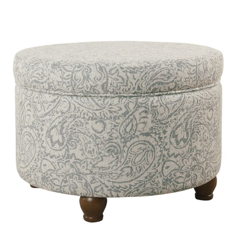 Paisley Floral Pattern Fabric Upholstered Wooden Ottoman with Hidden Storage, Gray and Cream - Benzara