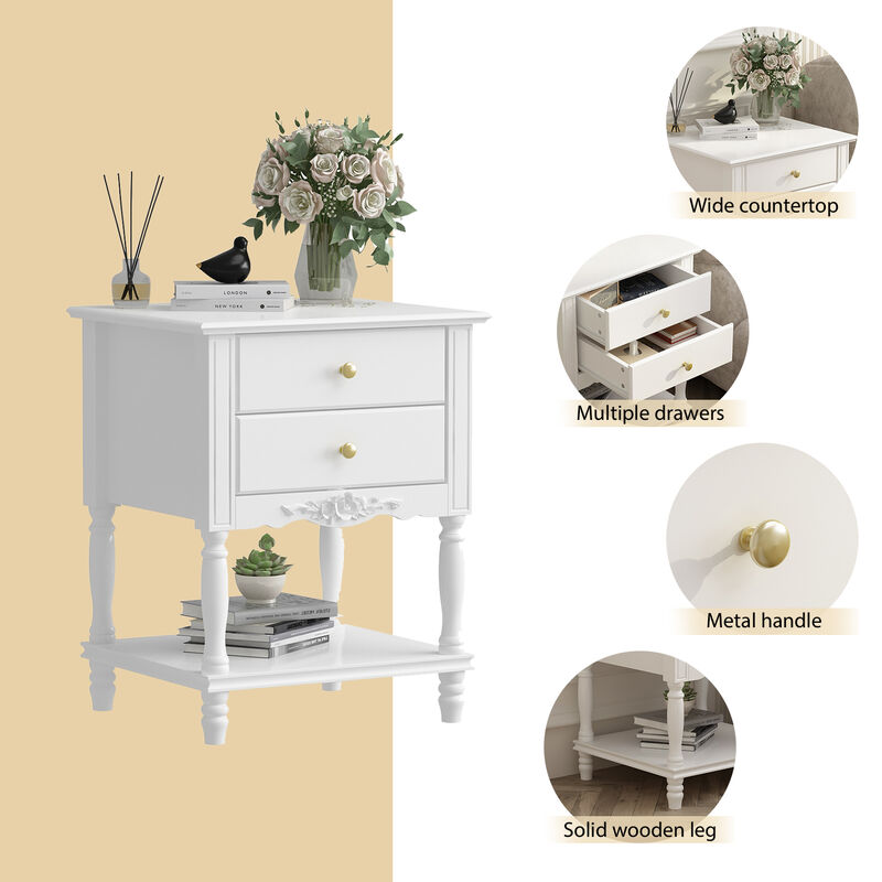 19.7 in. W x 16.9 in. D x 25.2 in. H, White Rectangle Wooden End Table, Dresser, Nightstand with 2- Drawer, Open Shelf