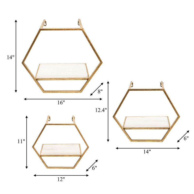 Hexagon Wall Shelves, Gold Set of 3
